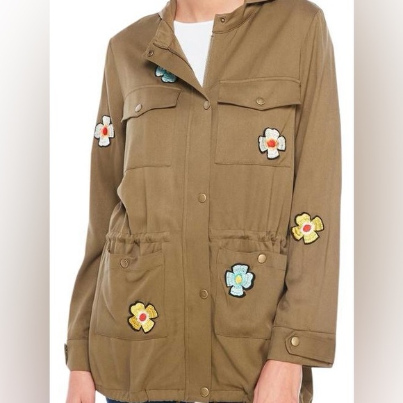 English Factory Jackets & Blazers - English Factory Olive Green Floral Embellished Military Utility Hoodie Jacket